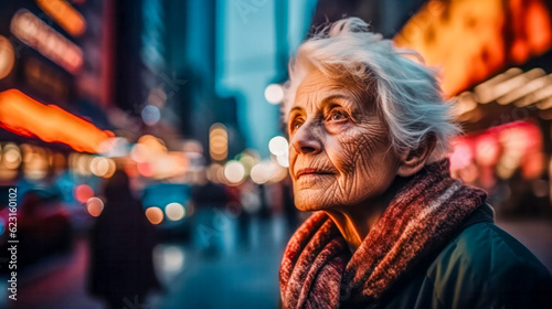Einsame alte Frau in einer Großstadt bei Nacht. Generative KI