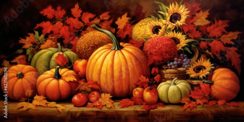 Autumn Thanksgiving Background  Radiating Warmth and Abundance. Embrace the Spirit of Thanksgiving as Nature s Palette Transforms into a Tapestry of Vibrant Fall Co  Generative AI Digital Illustration