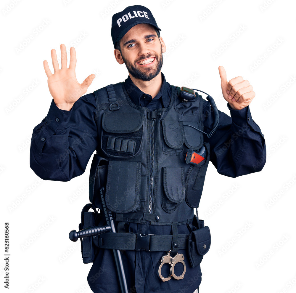 Young handsome man with beard wearing police uniform showing and pointing up with fingers number six while smiling confident and happy. Young handsome man with beard wearing police uniform showing and pointing up with fingers number six while smiling confident and happy.