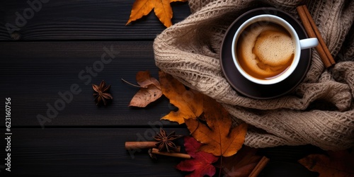 Composition Featuring a Steaming Cup of Coffee, a Cozy Blanket, Autumn Leaves, and Fragrant Cinnamon Sticks on a Black Background Generative AI Digital Illustration