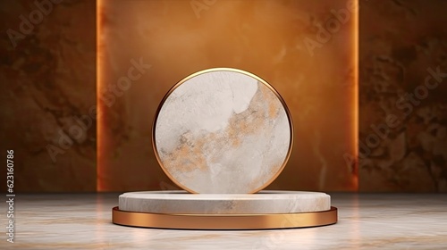 3D render of a round marble podium on a marble background