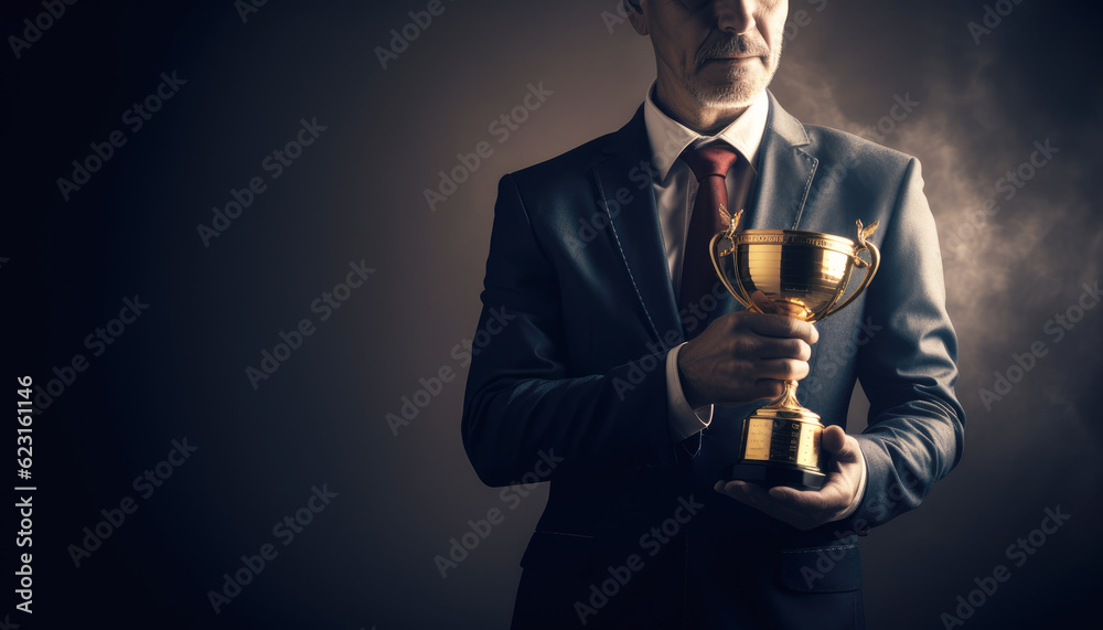 Celebratory moment, a successful individual businessman holds a prestigious trophy, representing their remarkable achievement and business success. Generative AI - obrazy, fototapety, plakaty 