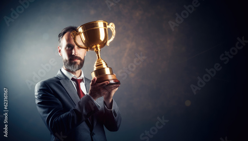 Celebratory moment, a successful individual businessman holds a prestigious trophy, representing their remarkable achievement and business success. Generative AI