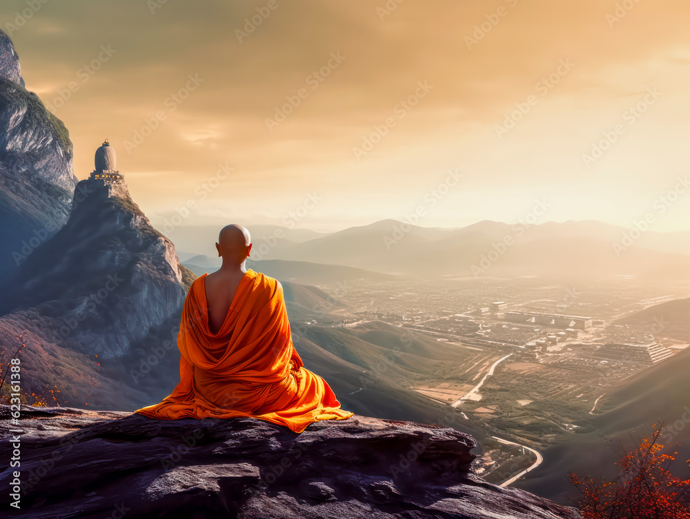 Fototapeta premium Buddhistischer Mönch in orangfarbener Robe meditiert einsam auf einem Berg, Minimalistisch, Generative KI
