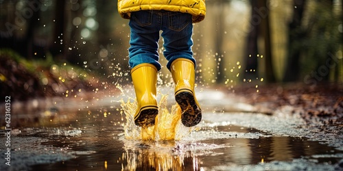 Feet of a Child, Clad in Yellow Rubber Boots, Leaping with Delight Over a Puddle in the Rain. Witness the Pure Joy and Carefree Spirit of Youth as the Child Embrace Generative AI Digital Illustration