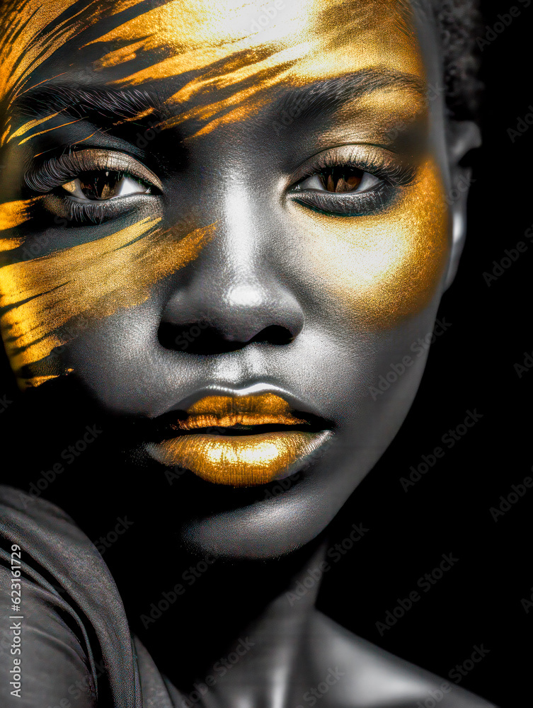 Portrait einer schönen Afrikanerin mit goldenem Make-up. Generative KI