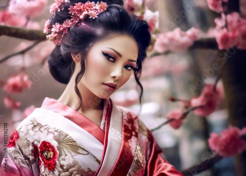 Wunderschöne Geisha in rotem Kimono, in einem Garten mit Kirschblüten, Porträt einer Japanerin, fiktive Person, Generative KI
