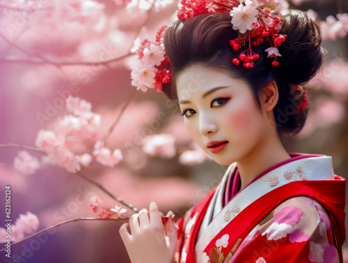 Wunderschöne Geisha in rotem Kimono, in einem Garten mit Kirschblüten, Porträt einer Japanerin, fiktive Person, Generative KI