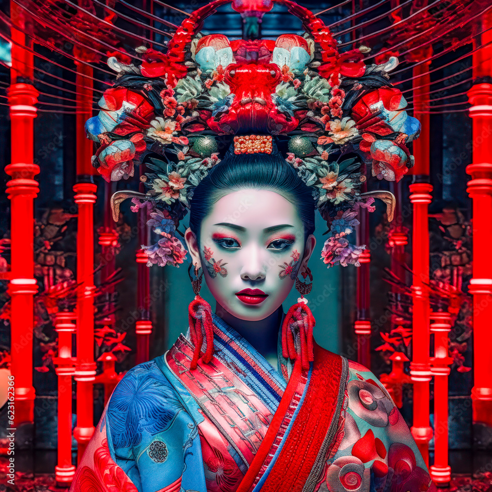 Φωτογραφία Wunderschöne Geisha in rotem Kimono, Porträt einer Japanerin, fiktive Person, Ge