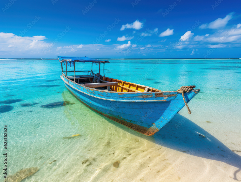 traditional boat on tropical beach with turquoise water. summer, vacation and exotic travel traditional boat on tropical beach with turquoise water. summer, vacation and exotic travel