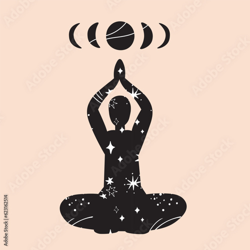 Silhouette  yoga meditating man and phases of the moon. Human connection with the cosmos and moon, ritual practices, International Day of Yoga template, poster, postcard, t-shirt print, logo. Vector