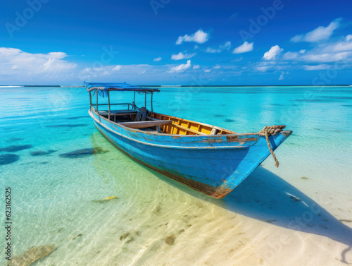 traditional boat on tropical beach with turquoise water. summer, vacation and exotic travel © mimadeo