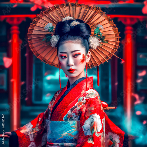Wunderschöne Geisha in rotem Kimono, Porträt einer Japanerin, fiktive Person, Generative KI