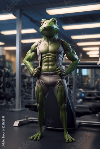 fit frog standing at the gym, Fit Frog Flexes Muscles at the Gym, generative AI