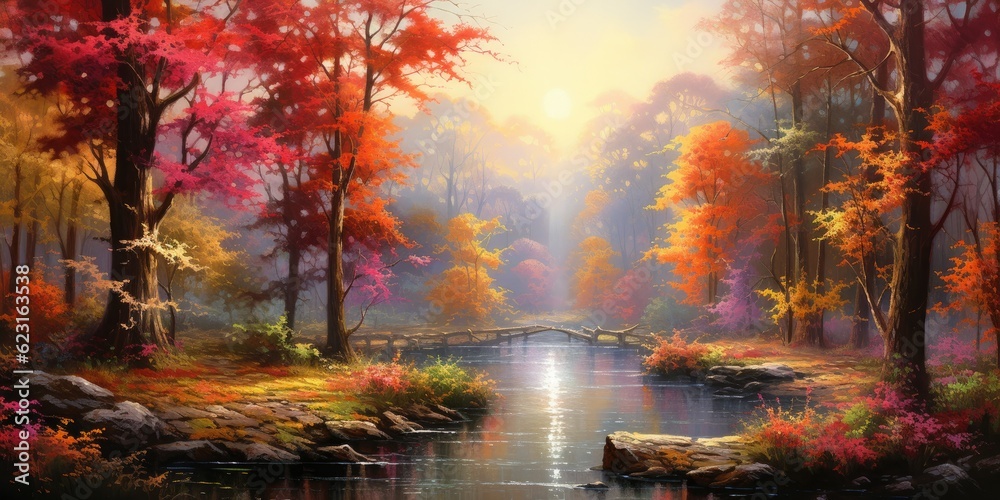  breathtaking fall scene set in a beautiful autumnal park. The landscape is a tapestry of nature's beauty, with majestic trees adorned with vibrant leaves  Generative AI Digital Illustration