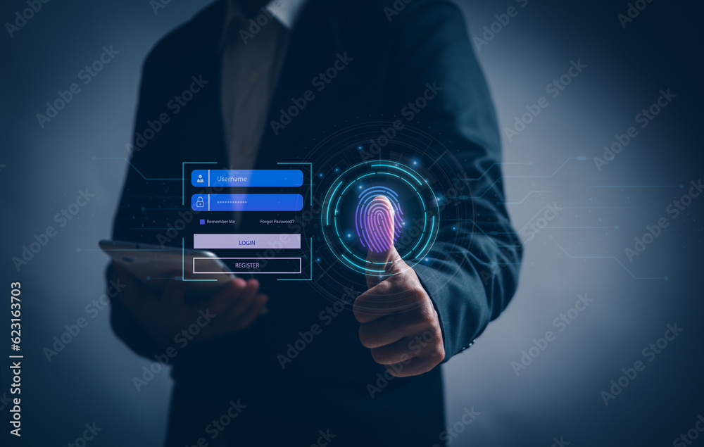 User is scanning fingerprint or enter username and password on virtual screen to verify identity Login to internet online transaction ,concept secure technology security Cyber privacy protection User is scanning fingerprint or enter username and password on virtual screen to verify identity Login to internet online transaction ,concept secure technology security Cyber privacy protection
