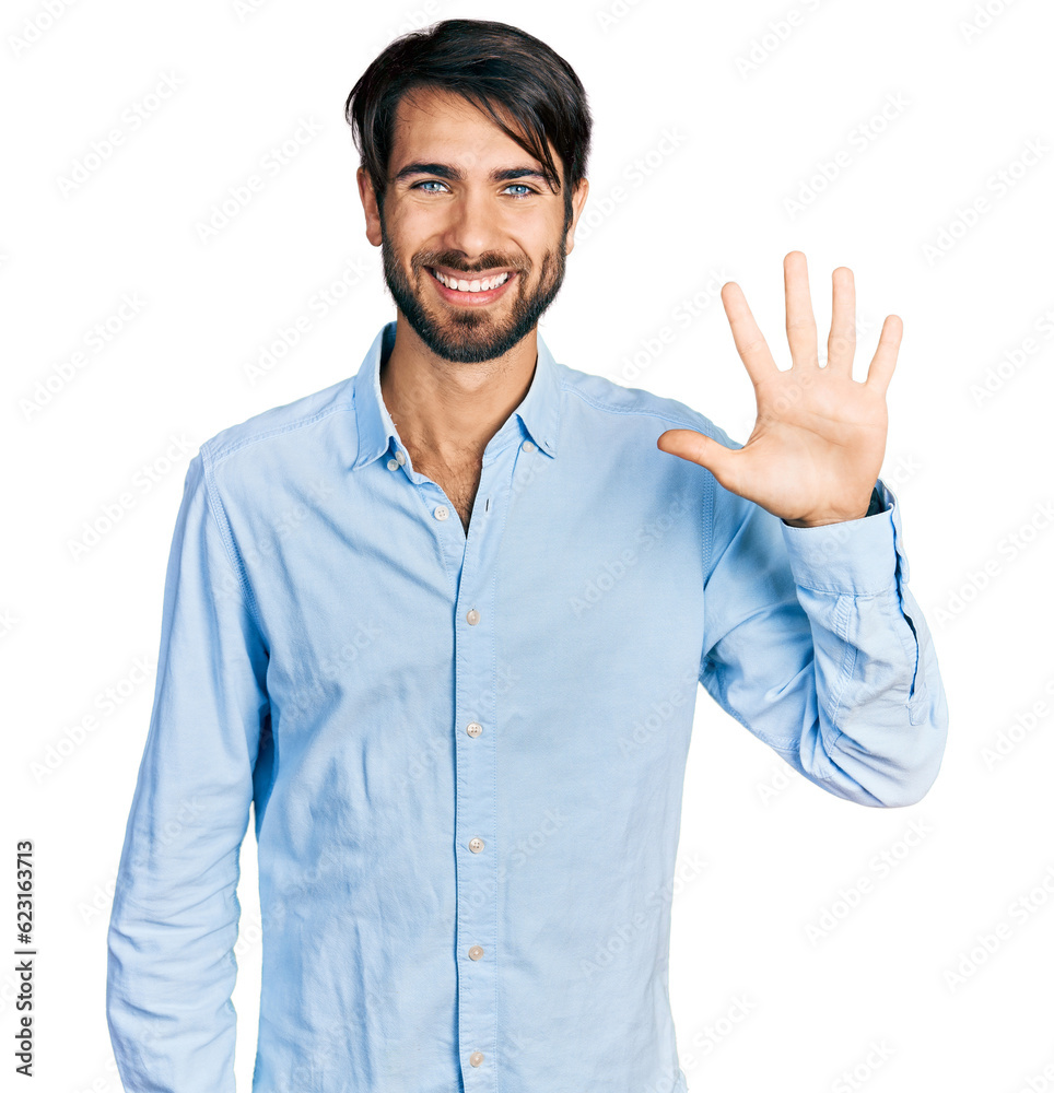 Hispanic man with blue eyes wearing business shirt showing and pointing up with fingers number five while smiling confident and happy. Hispanic man with blue eyes wearing business shirt showing and pointing up with fingers number five while smiling confident and happy.