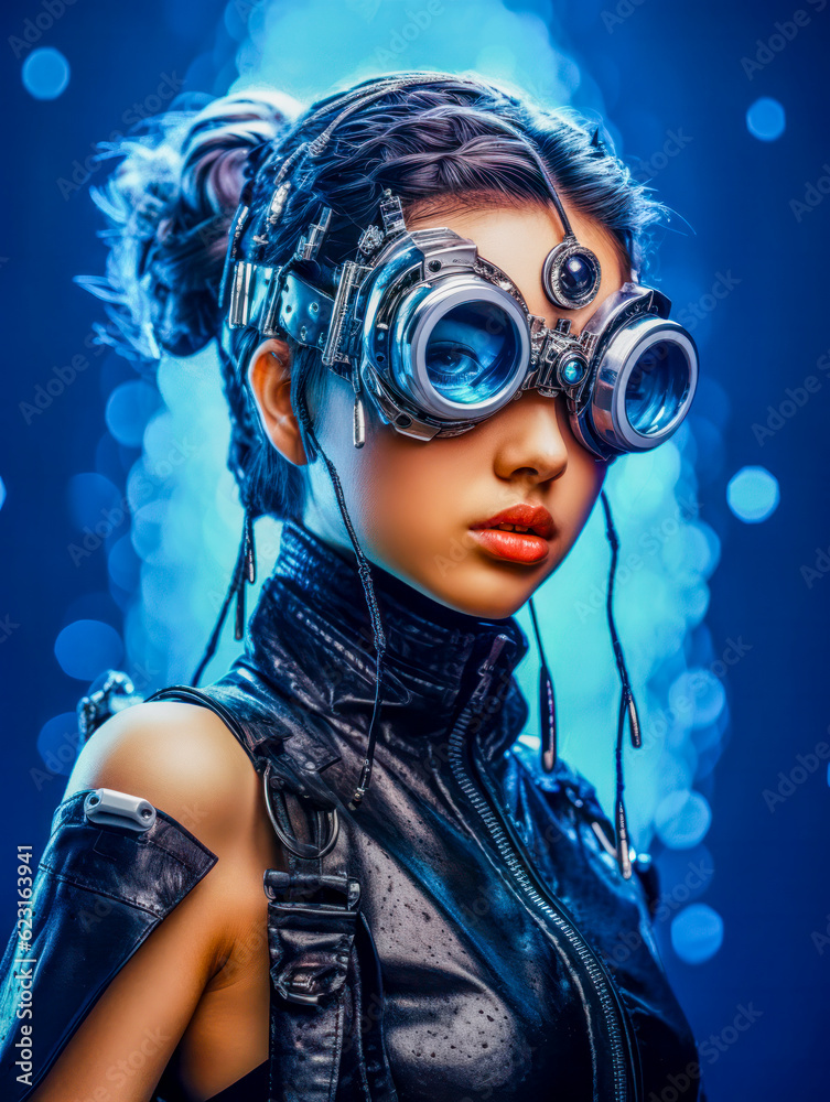 cooles und verrücktes Cyberpunk-Mädchen mit Steampunk-Brille, fiktive Person. Generative KI cooles und verrücktes Cyberpunk-Mädchen mit Steampunk-Brille, fiktive Person. Generative KI