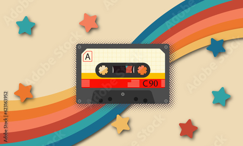 Сoncept poster in the style of the 80s. Retro vintage wallpaper background with cassette.