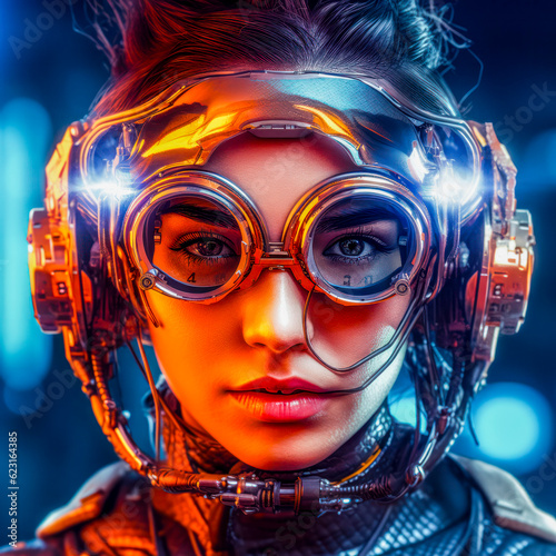 cooles und verrücktes Cyberpunk-Mädchen mit Steampunk-Brille, fiktive Person. Generative KI