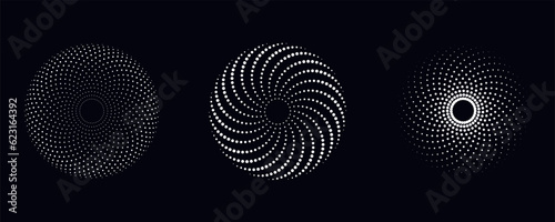 Set of Spiral Dotted Graphic Elements in White Tone. Vector Geometric Frame on Black Background.