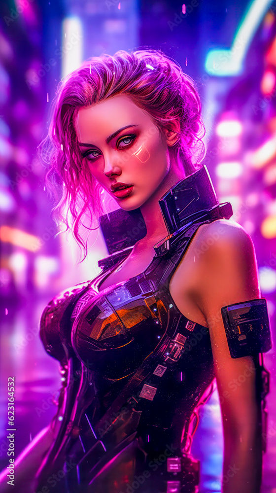 Cooles und verrücktes Cyberpunk-Mädchen, fiktive Person. Generative KI