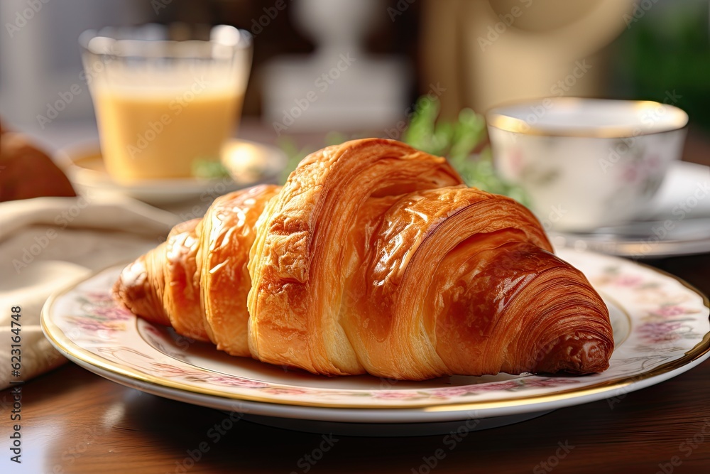 Croissant On A Plate On The Table.