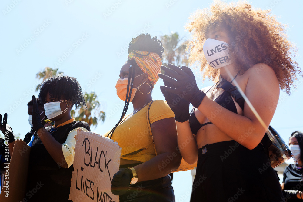 African American woman protesting with black lives matter poster Stock ...