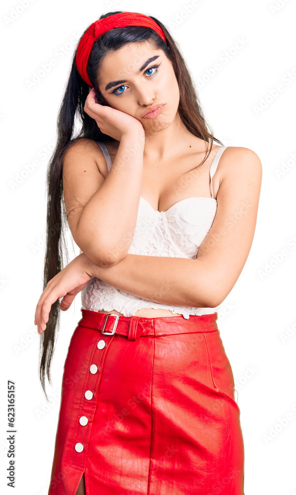 Brunette teenager girl wearing elegant look thinking looking tired and bored with depression problems with crossed arms. Brunette teenager girl wearing elegant look thinking looking tired and bored with depression problems with crossed arms.