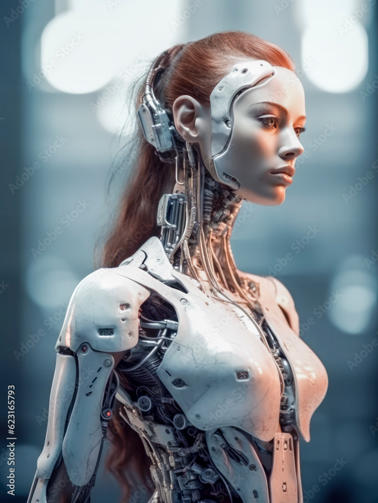 Weiblicher Roboter läuft auf der Straße in einer futuristischen Stadt, Generative AI Weiblicher Roboter läuft auf der Straße in einer futuristischen Stadt, Generative AI