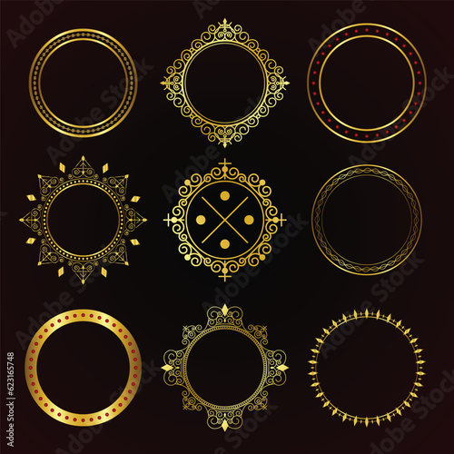 Set of vector frames, various patterns, gold color