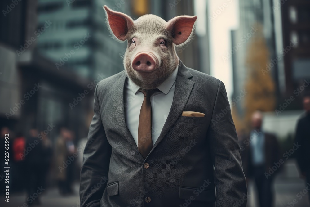 Pig in Business Suit, A Humorous Take on Corporate Life, Happy Piglet Dressed as a Businessman, generative ai