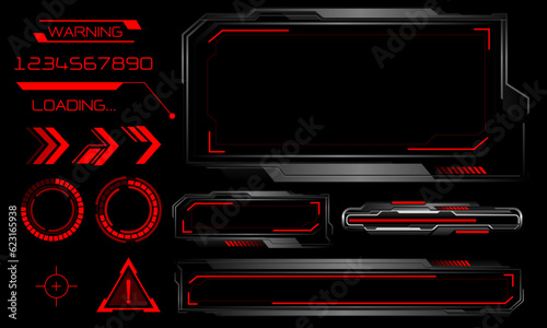 Vector of futuristic technology cyber HUD dashboard monitor red neon light power status on grey design ultramodern element