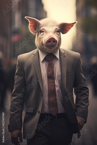 Pig in Business Suit, A Humorous Take on Corporate Life, Happy Piglet Dressed as a Businessman, generative ai