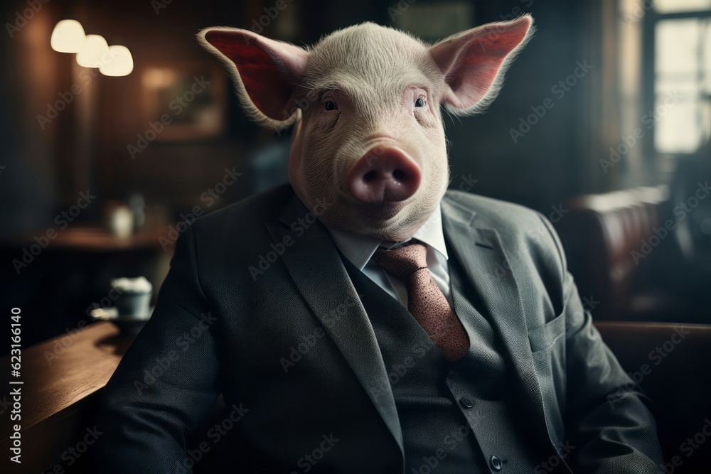 Pig in Business Suit, A Humorous Take on Corporate Life, Happy Piglet Dressed as a Businessman, generative ai