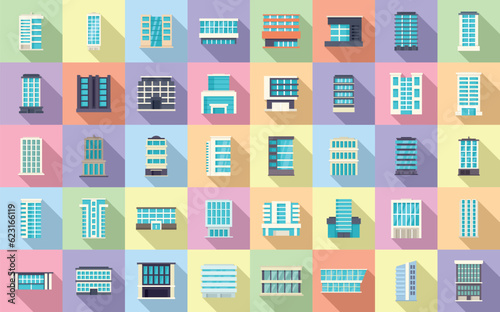 Business center icons set flat vector. House central. District store