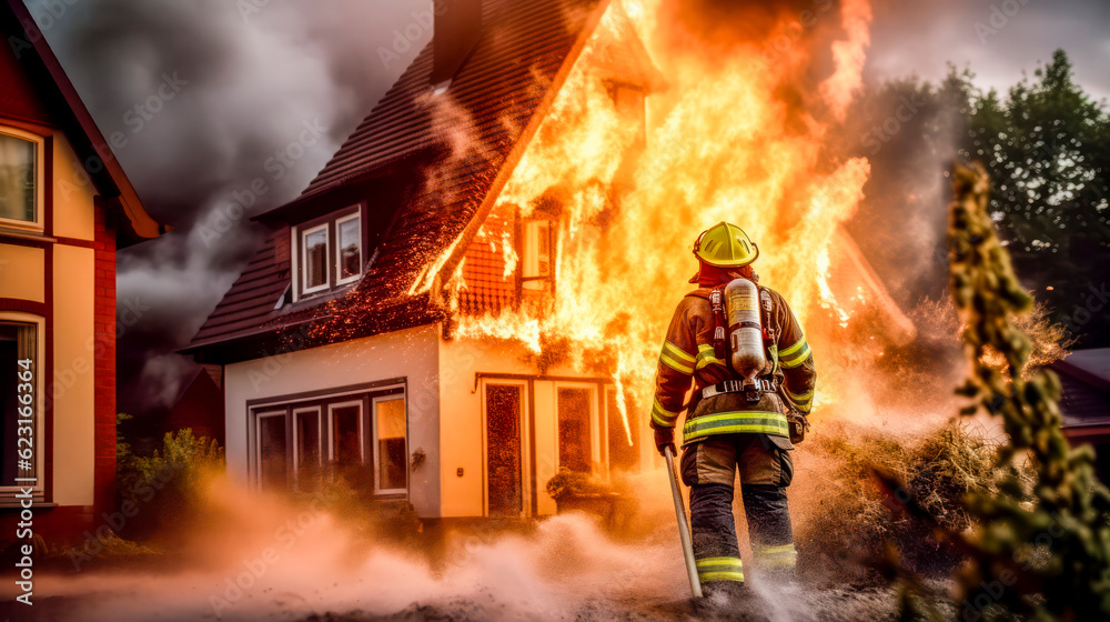 Feuerwehrleute in ihren typischen Uniformen löschen ein brennendes Haus. Generative AI