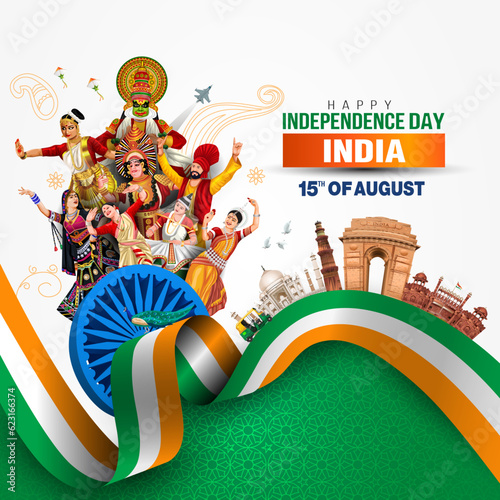 Happy Independence Day India 15th august. Indian monument and Landmark with background , poster, card, banner. patriotic vector illustration design