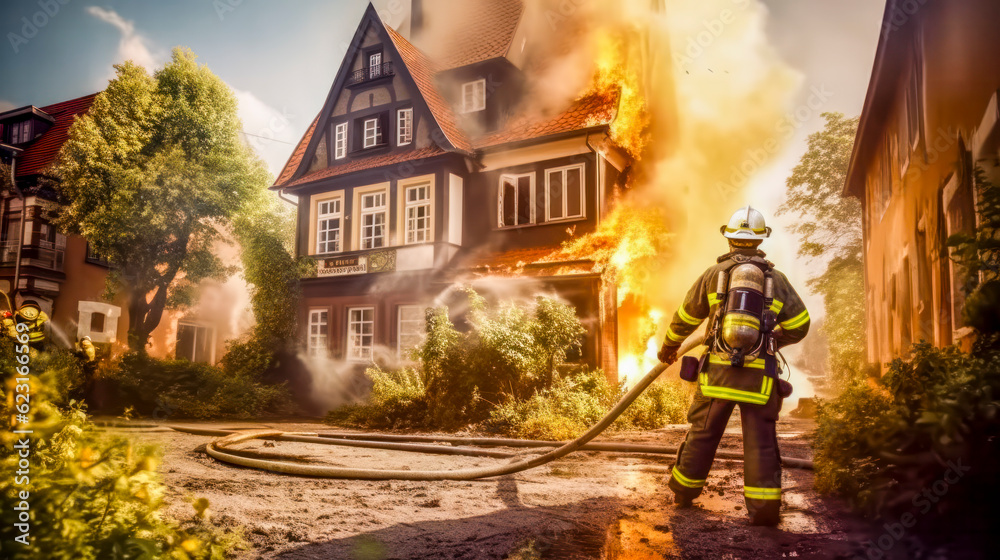 Feuerwehrleute in ihren typischen Uniformen löschen ein brennendes Haus. Generative AI