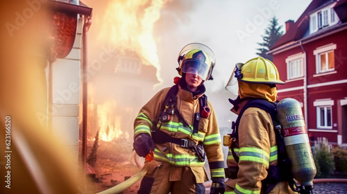 Feuerwehrleute in ihren typischen Uniformen löschen ein brennendes Haus. Generative AI