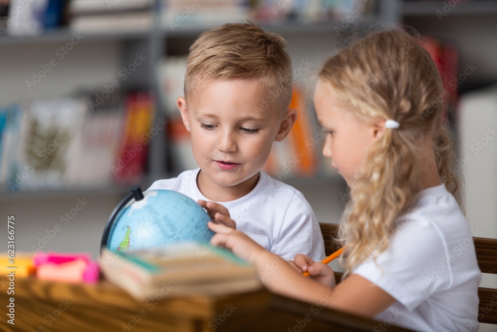 Children with globe, interesting geography learning. Children with globe, interesting geography learning.
