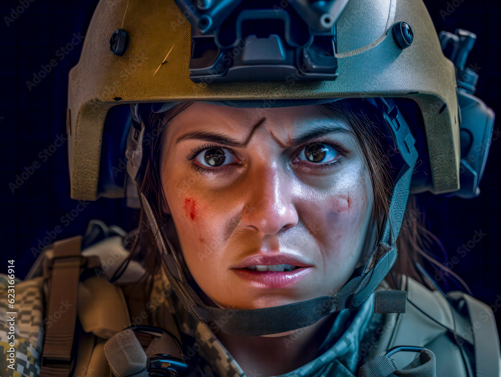 Porträt einer Soldatin in Uniform mit Helm und entschlossenem Blick. Generative AI Porträt einer Soldatin in Uniform mit Helm und entschlossenem Blick. Generative AI