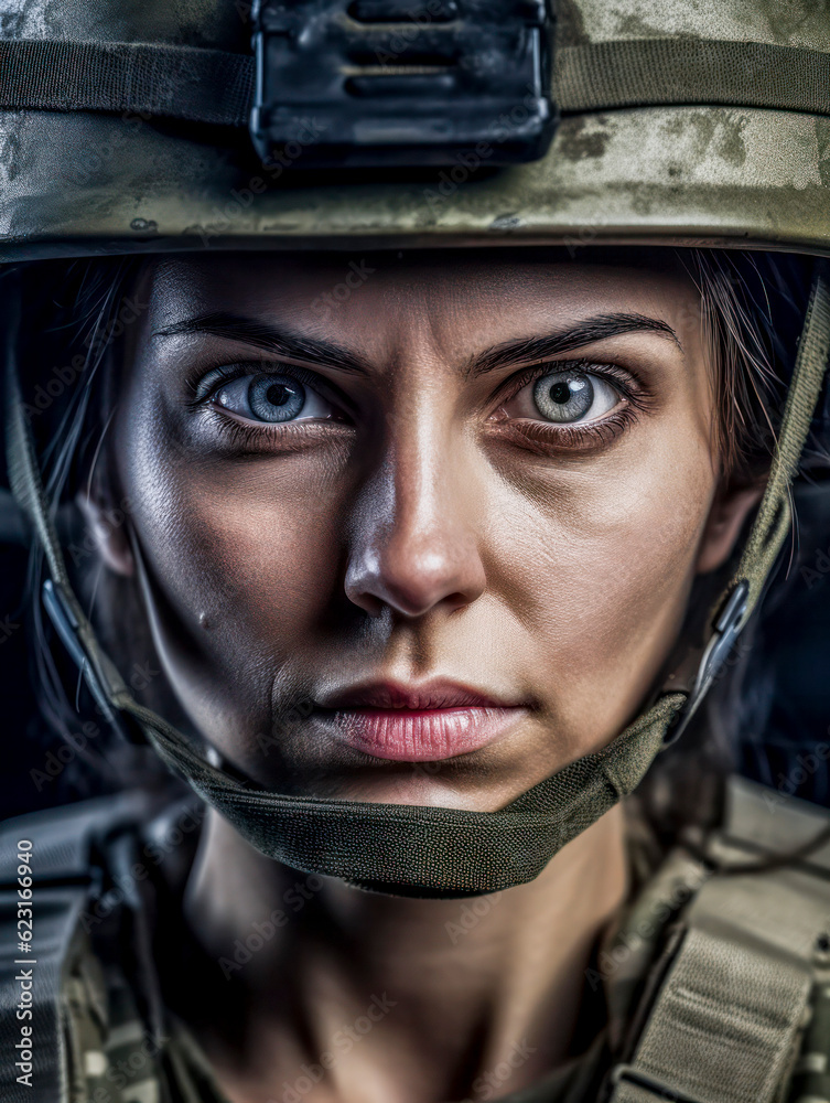 Porträt einer Soldatin in Uniform mit Helm und entschlossenem Blick. Generative AI Porträt einer Soldatin in Uniform mit Helm und entschlossenem Blick. Generative AI