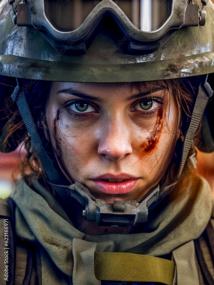 Porträt einer Soldatin in Uniform mit Helm und entschlossenem Blick. Generative AI Porträt einer Soldatin in Uniform mit Helm und entschlossenem Blick. Generative AI