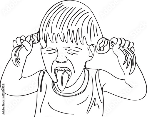 Playful Cartoon Illustration: Naughty Kid Girl Pulling Her Hair, Mischievous Child Pulling Her Hair: Continuous Outline Sketch