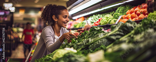 Young woman on the market near vegetable shelves.  wide banner