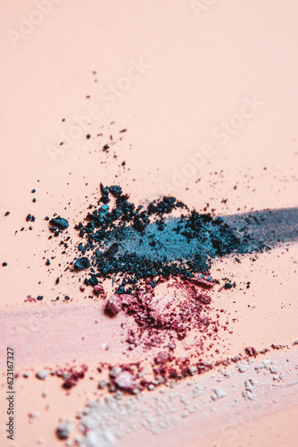 Loose Crumbled Shimmer Eyeshadow Artistic Arrangement Teal, Pink and White on a Nude Shaded Background