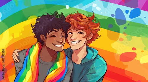 Illustration of two gay guys hugging and smiling on a bright rainbow background. AI generation