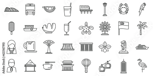 Singapore icons set outline vector. Park airport. City palm photo