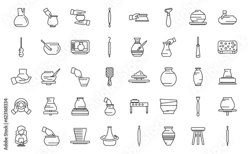 Pottery class icons set outline vector. Artist craft. People pot